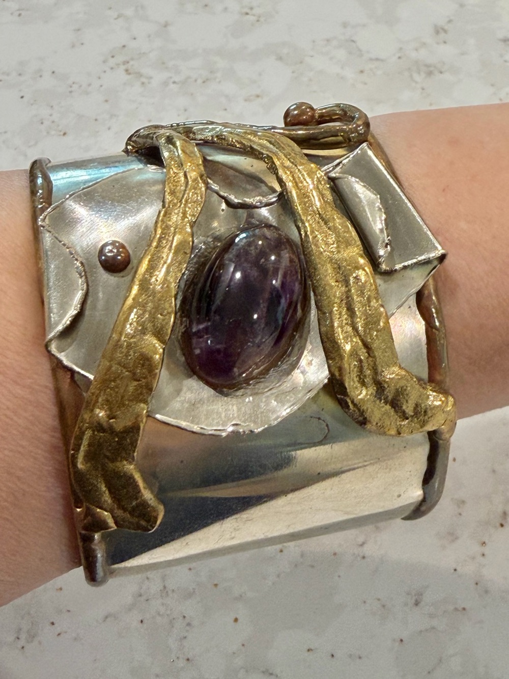 Vintage 1970s Brazilian Brutalist Mixed Metal Amethyst Cuff Bracelet Wide Statem